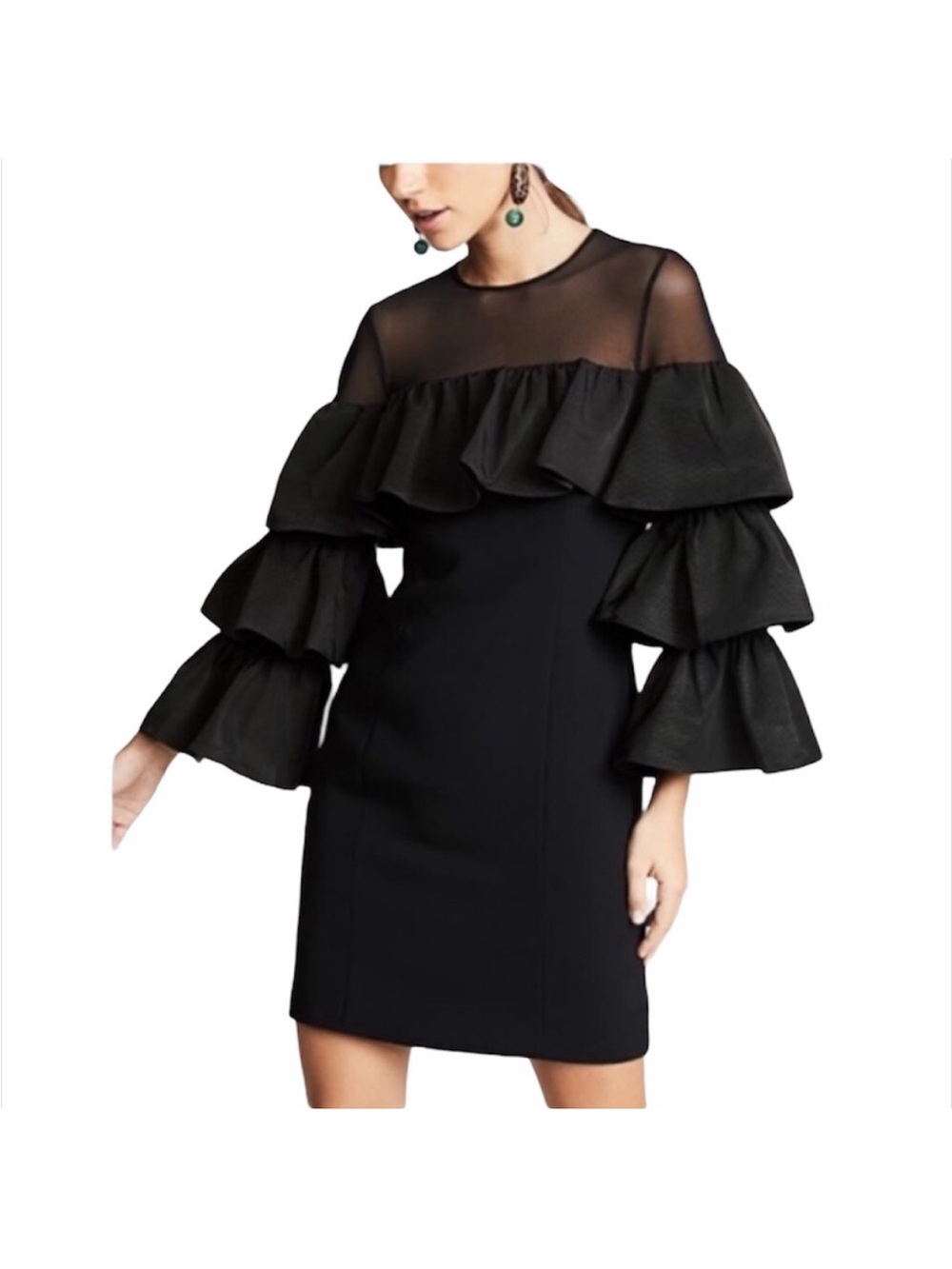 Cinq a Sept Valentina Black Ruffle Sleeve Sheath Dress, mesh neckline, 4